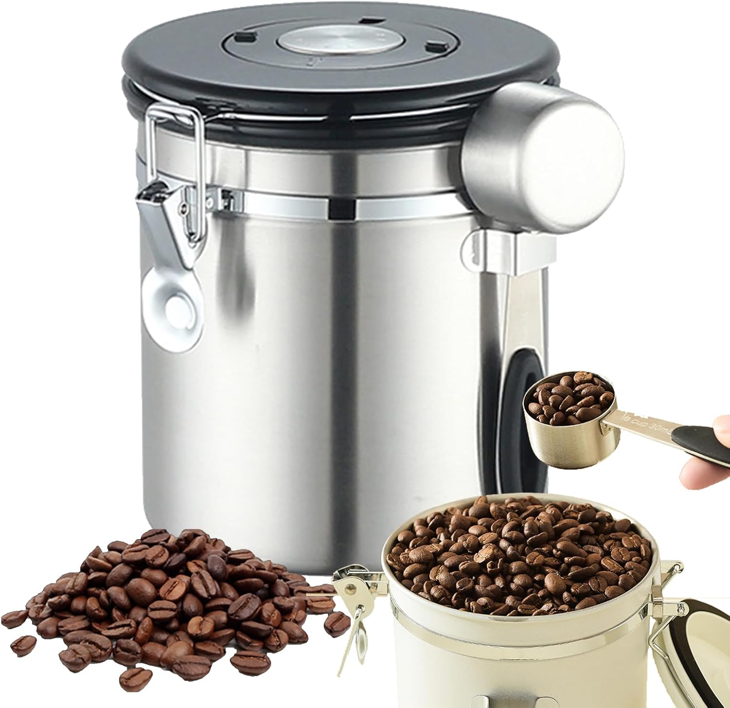 1.8 litre sealed coffee container, portable vacuum coffee storage container, stainless steel spoon with one-way exhaust valve, date tracker and coffee spoon, suitable for coffee shop accessories, coffee beans, tea. - Image 2