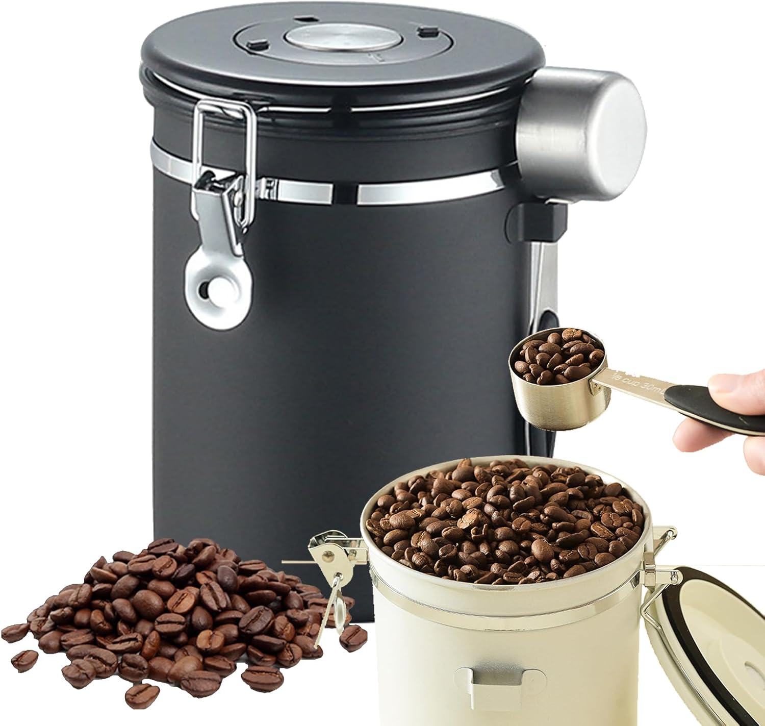 1.8 litre sealed coffee container, portable vacuum coffee storage container, stainless steel spoon with one-way exhaust valve, date tracker and coffee spoon, suitable for coffee shop accessories, coffee beans, tea.