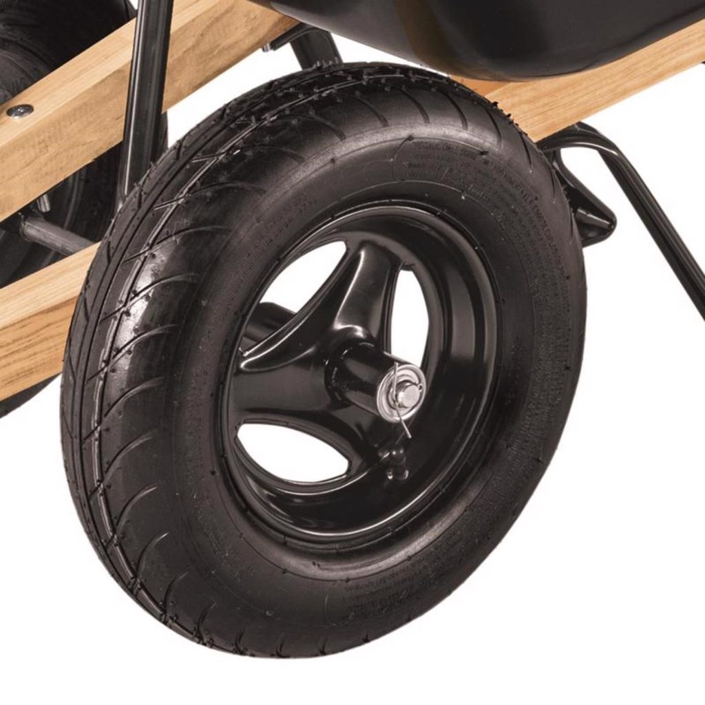 10 cu ft Poly Wheelbarrow with Dual 16′′ Pneumatic Tires and Hardwood Handles - Image 3